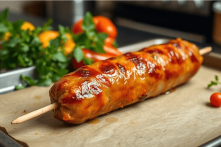 Grilled sausage on a stick coated with a glossy glaze, resting on parchment paper with fresh vegetables and herbs in the background