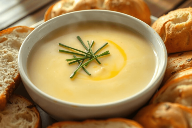 A bowl of creamy potato soup garnished with fresh chives and a drizzle of olive oil, surrounded by freshly baked artisan bread