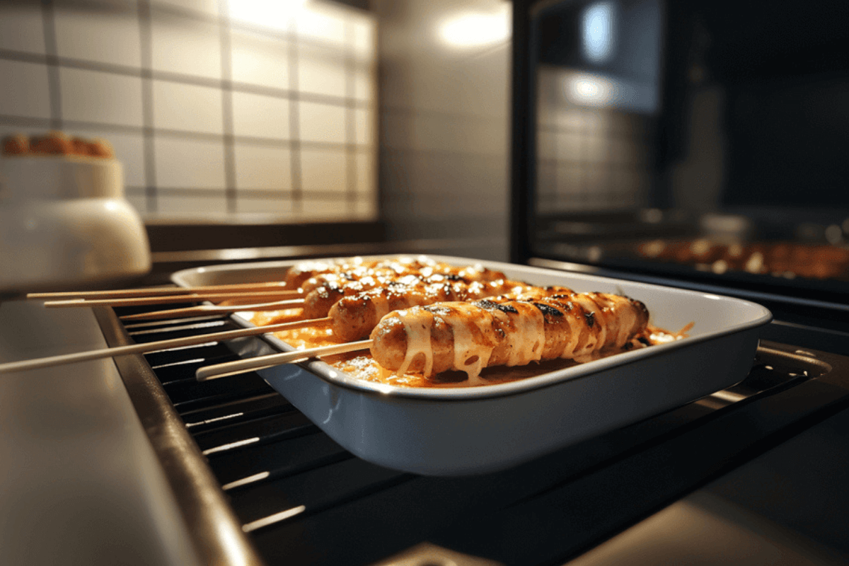 Cheese-drizzled sausages on skewers baking in a white dish inside a modern oven, with a tiled kitchen background