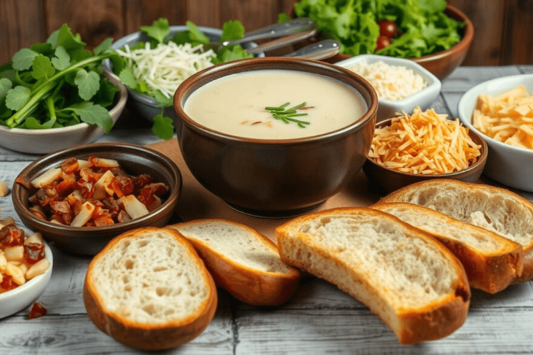 A bowl of creamy potato soup garnished with fresh herbs, surrounded by sliced bread, shredded cheese, crispy bacon bits, and fresh greens on a rustic table.