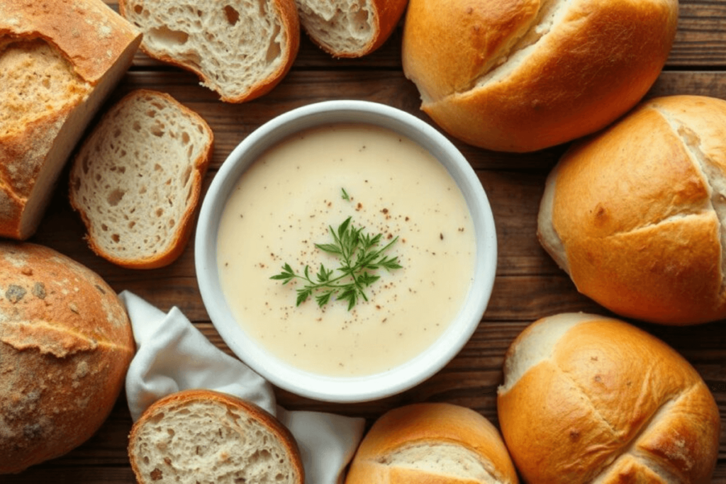 A bowl of creamy soup garnished with fresh herbs, surrounded by various types of artisan bread and rolls on a wooden table.