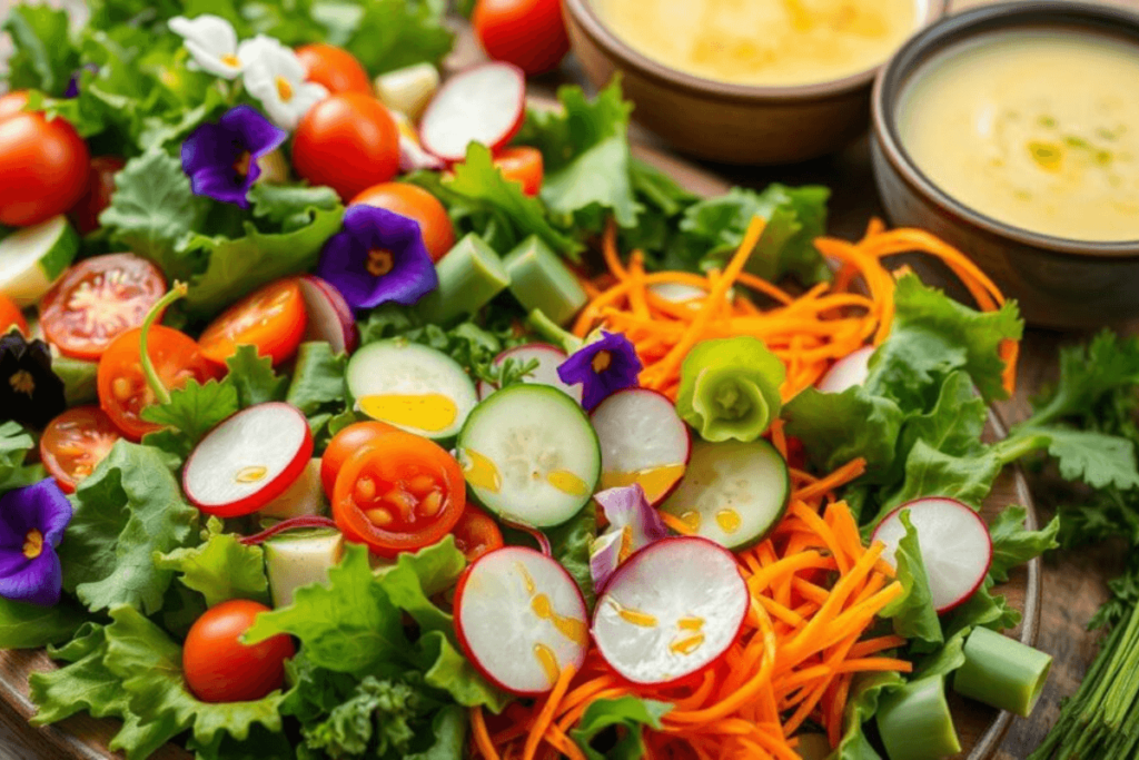 A vibrant salad featuring cherry tomatoes, cucumber slices, radishes, shredded carrots, and mixed greens, garnished with edible flowers and a drizzle of dressing, accompanied by two bowls of soup in the background