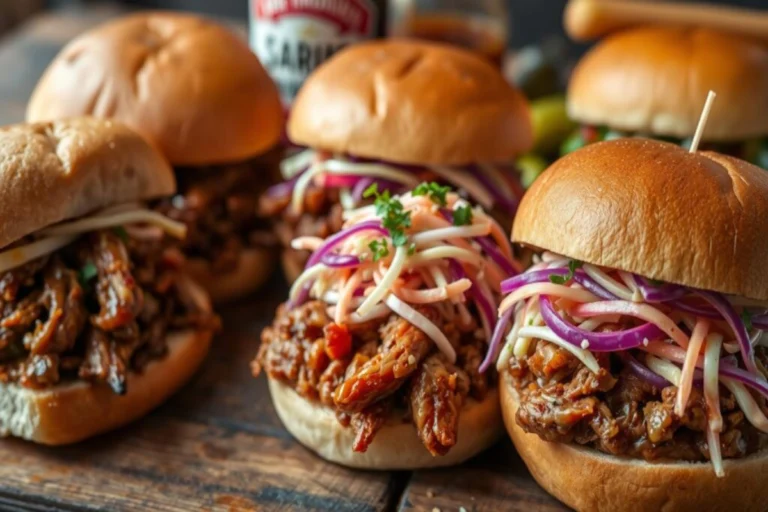 Barbecue sandwiches filled with pulled meat and coleslaw served in golden buns on a rustic table.