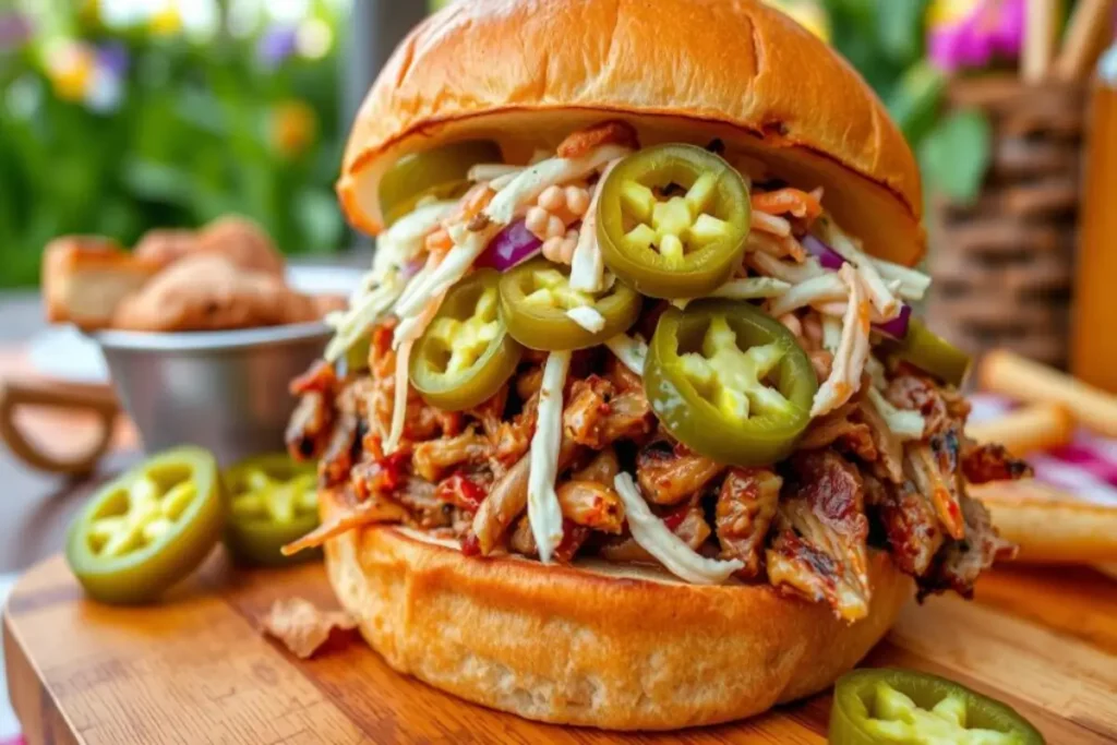 A BBQ sandwich topped with tender shredded meat, fresh coleslaw, and sliced jalapeños, served on a golden bun.