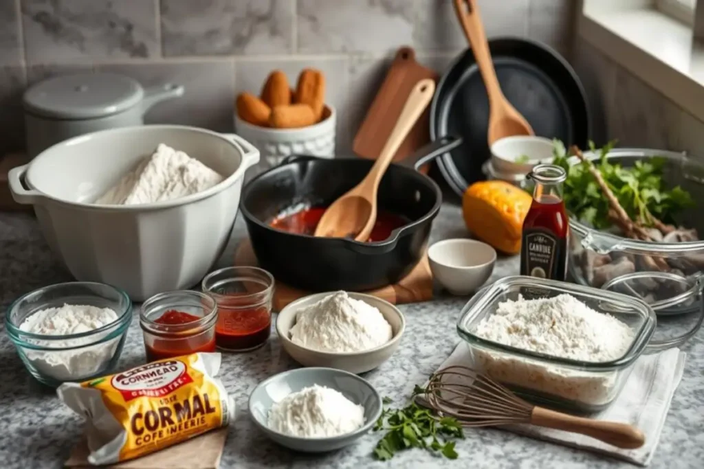 A collection of cooking ingredients and utensils displayed on a marble countertop, including flour, cornmeal, sauce, and kitchen tools like a whisk and wooden spoons