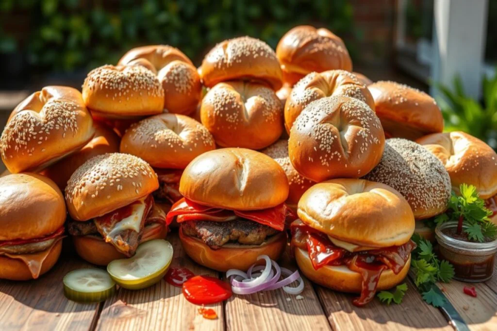 A selection of freshly baked burger buns and barbecue sandwiches, garnished with sesame seeds, pickles, and fresh parsley on a rustic wooden table.