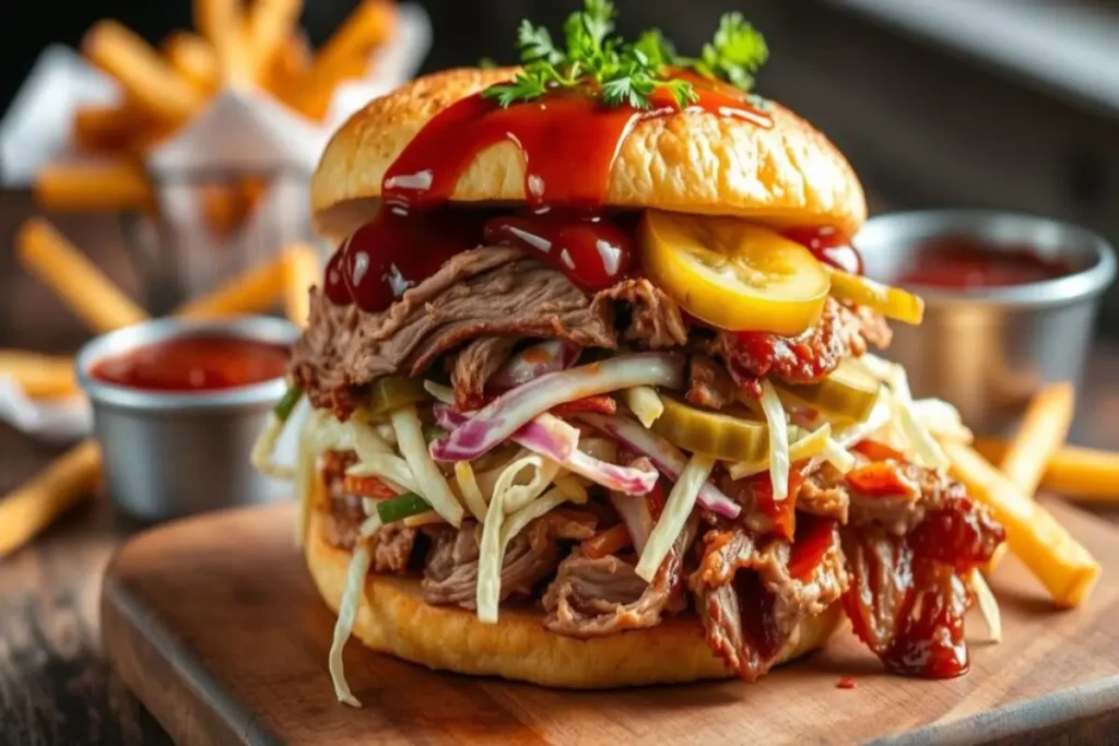 A barbecue sandwich layered with tender pulled meat, creamy coleslaw, pickles, and tangy barbecue sauce, served with fries and dipping sauce.