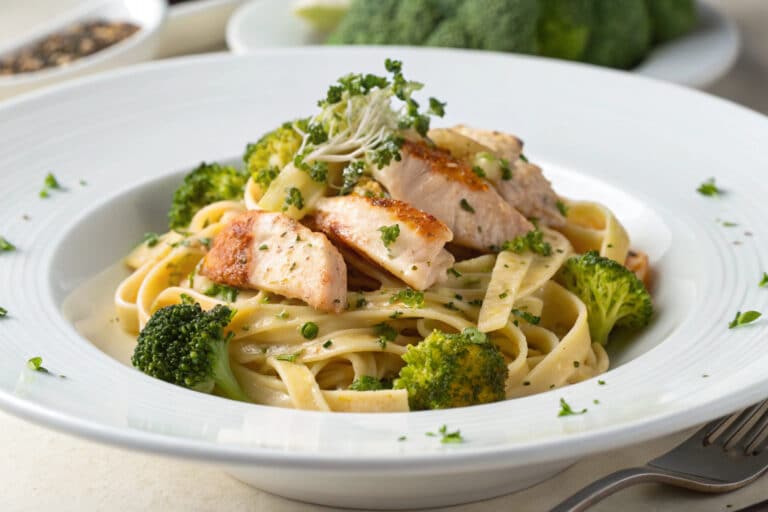 rotisserie chicken broccoli pasta featured dish plated