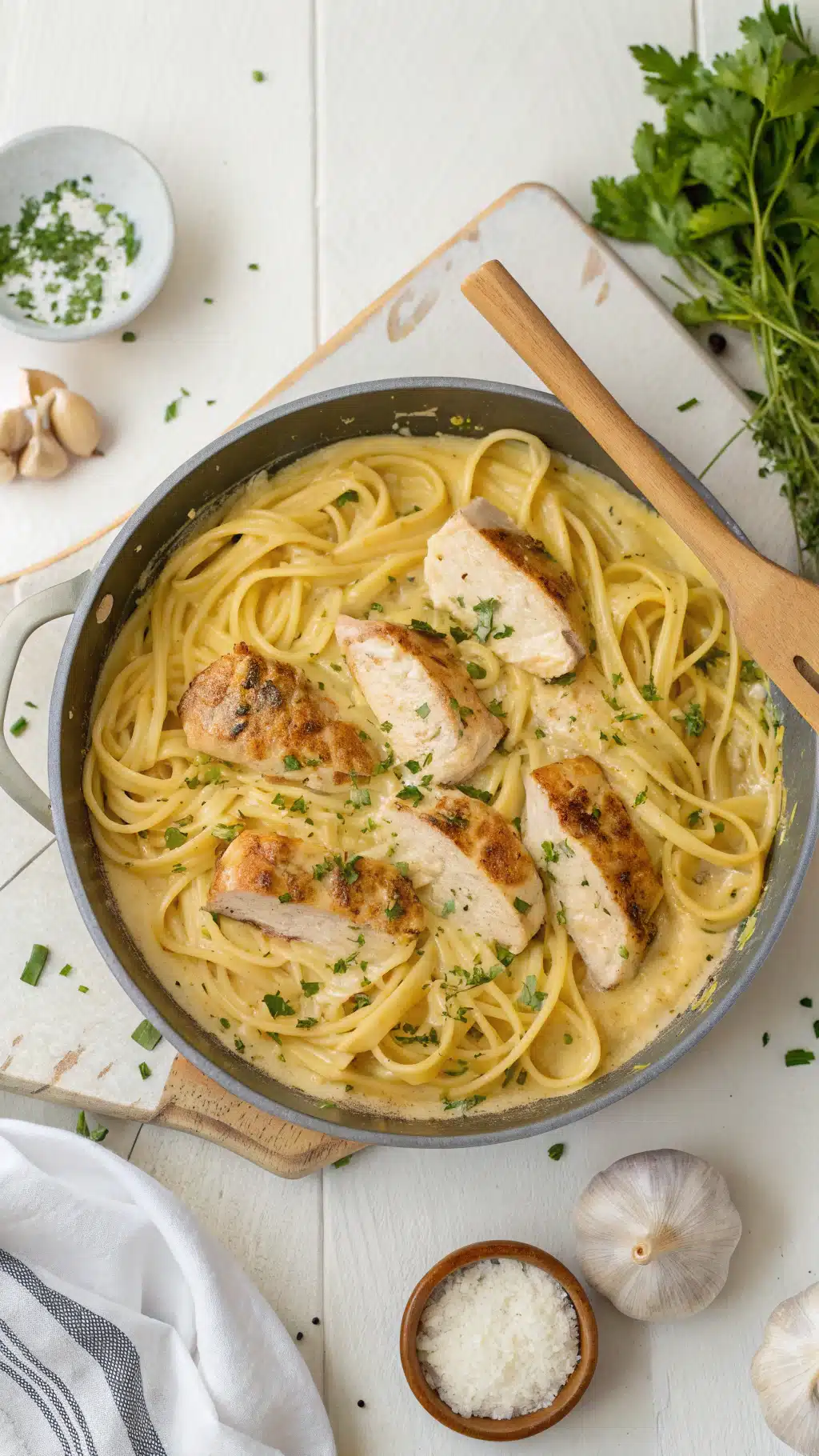 creamy garlic parmesan chicken pasta cooking process step