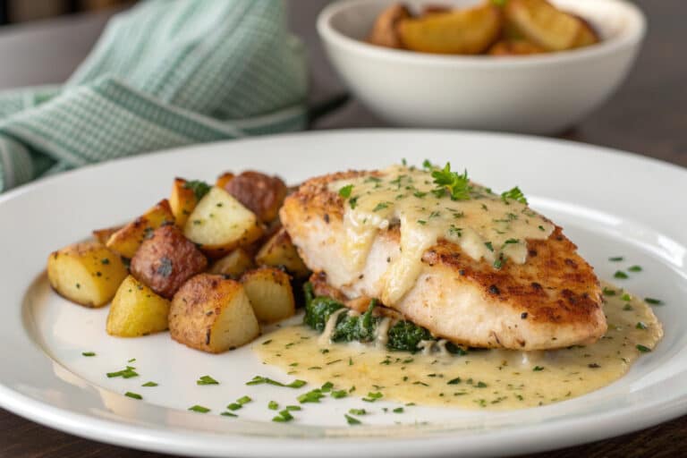 garlic parmesan chicken and potatoes featured dish plated