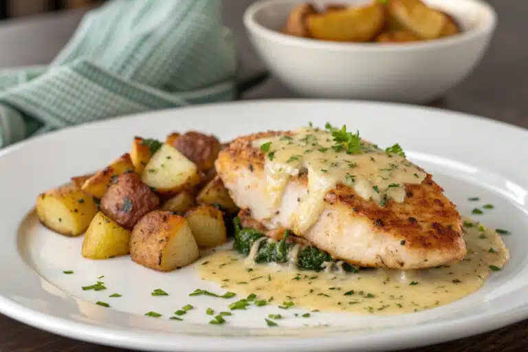 garlic parmesan chicken and potatoes featured dish plated