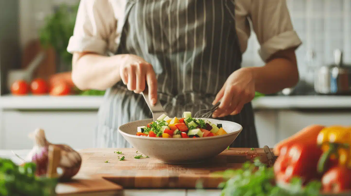 Hands chopping fresh vegetables to prepare a colorful salad in a modern kitchen
