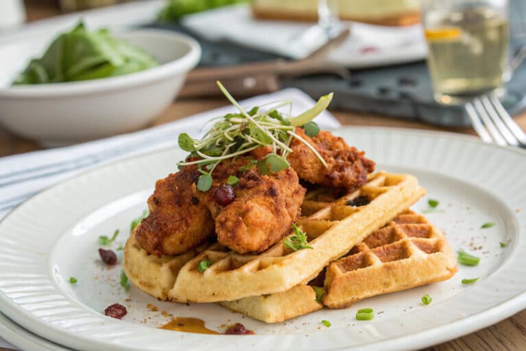 Chicken and waffles recipe featured dish plated