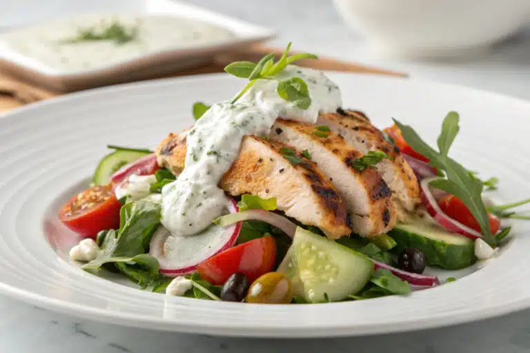 healthy mediterranean tzatziki chicken salad featured dish plated