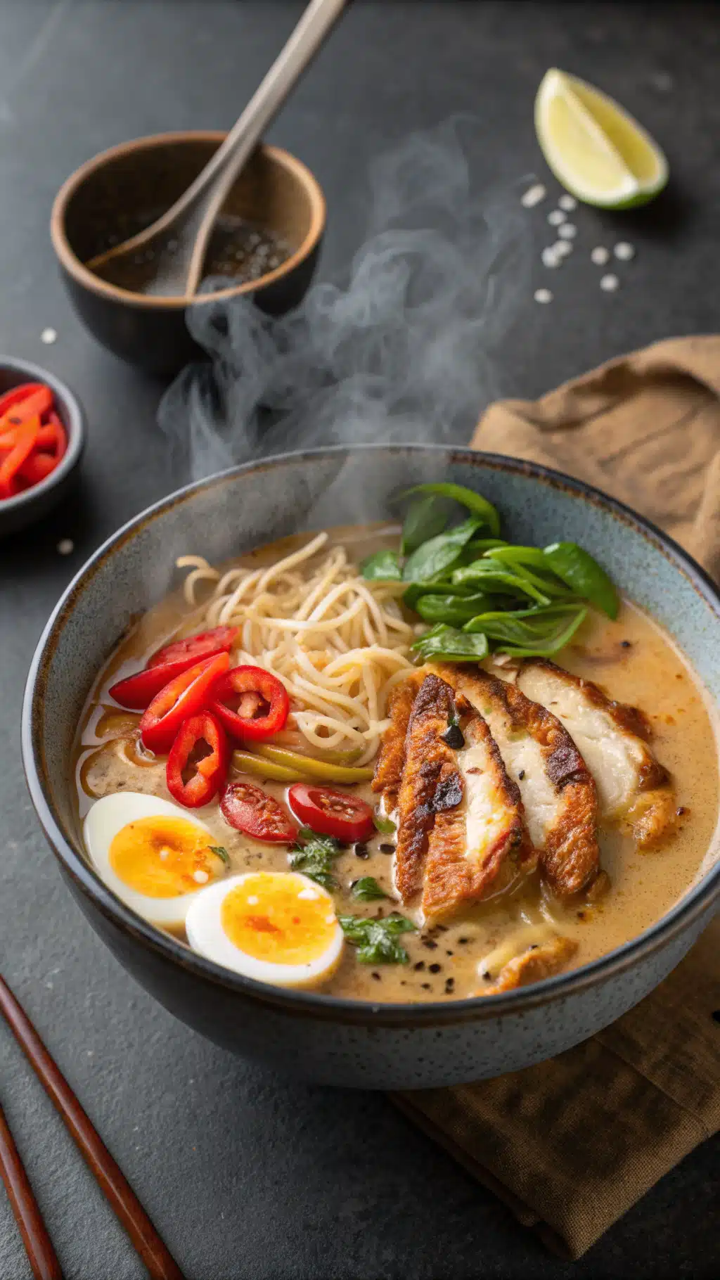 spicy chicken ramen bowl with cream sauce cooking process step