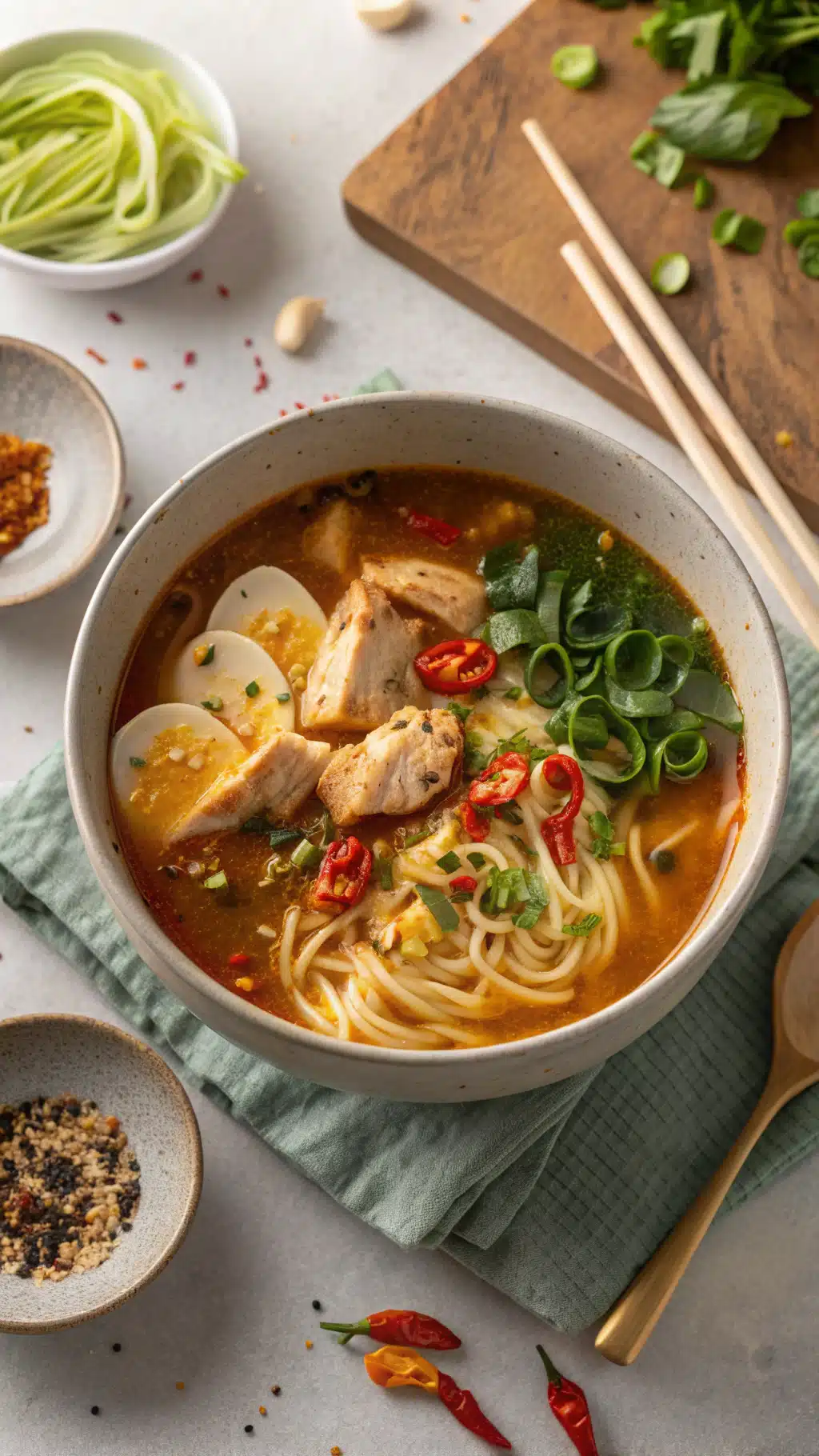 spicy chicken ramen bowl cooking process step
