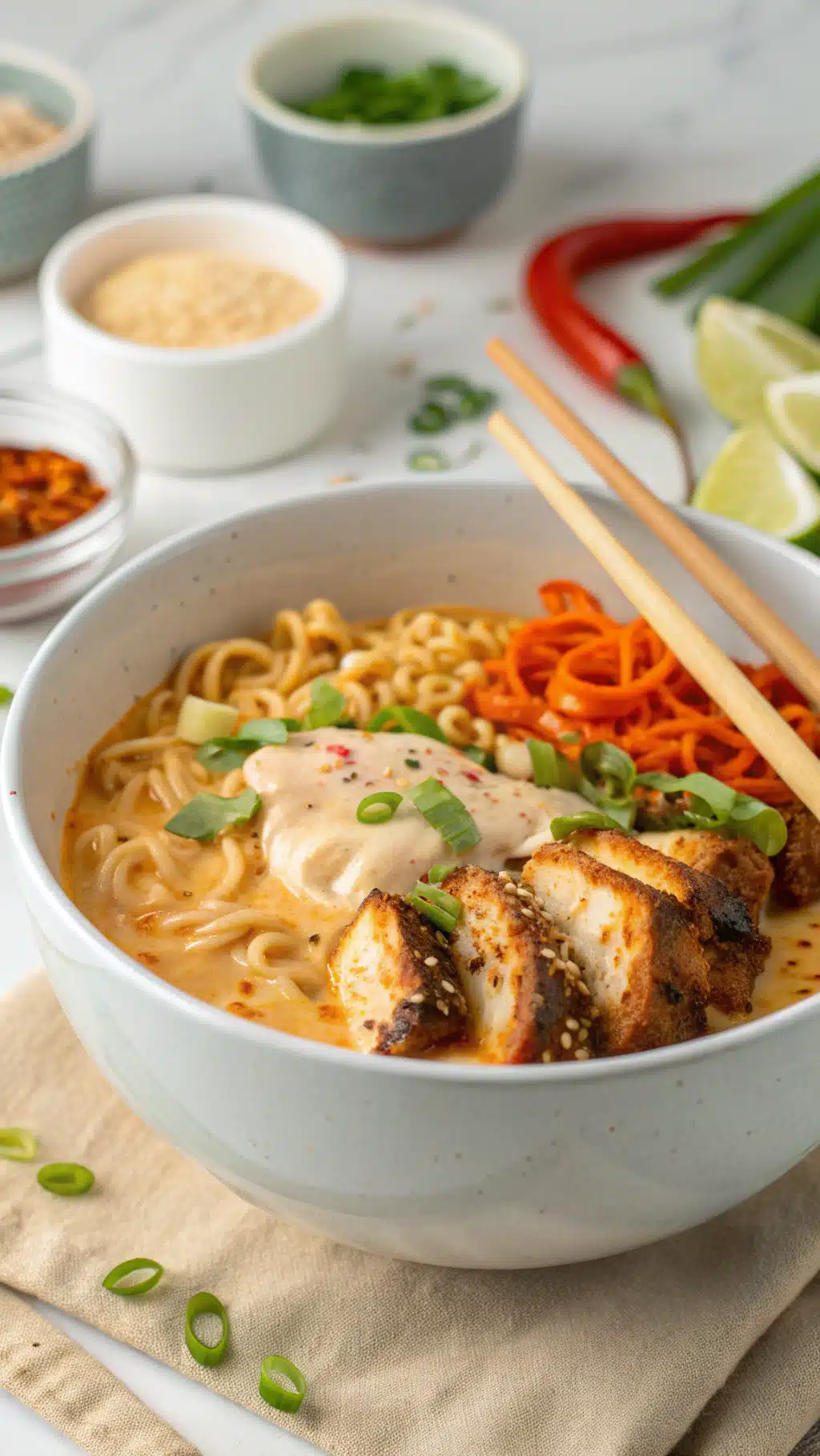 spicy chicken ramen bowl with cream sauce ingredients preparation