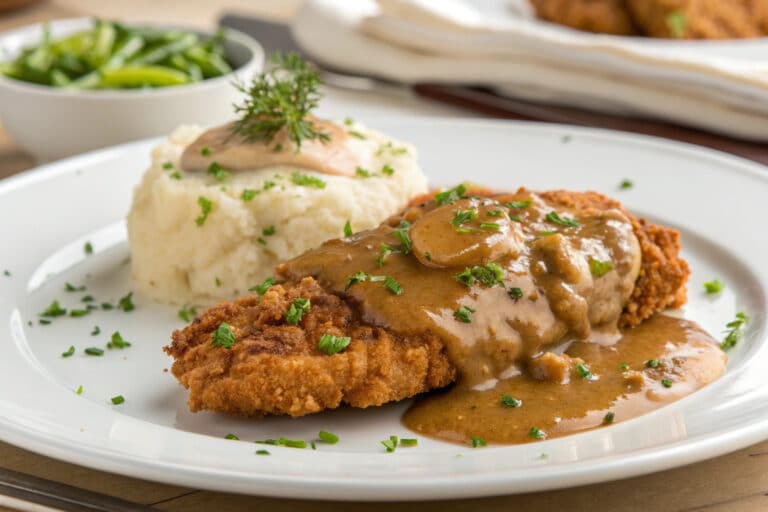 Chicken fried chicken with gravy featured dish plated