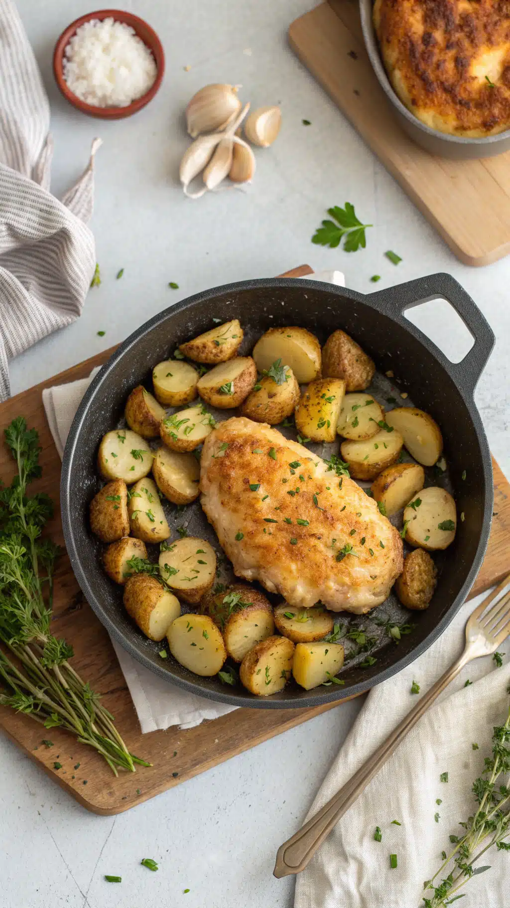 garlic parmesan chicken and potatoes cooking process step