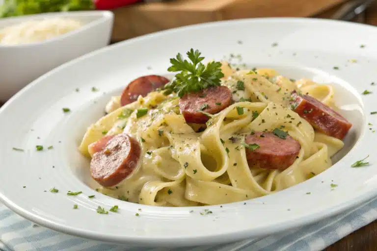 creamy smoked sausage pasta featured dish plated