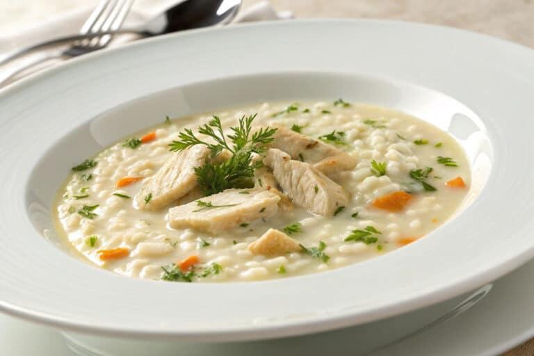 Creamy White Chicken and Rice Soup featured dish plated