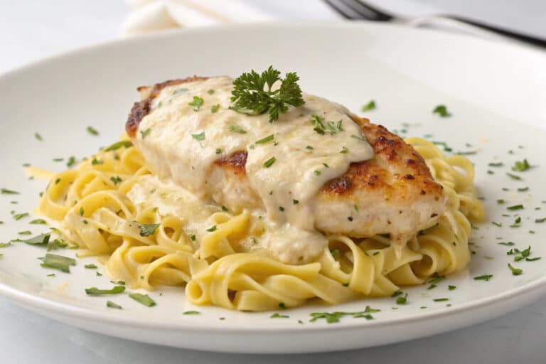 creamy garlic parmesan chicken with cheesy twisted pasta featured dish plated