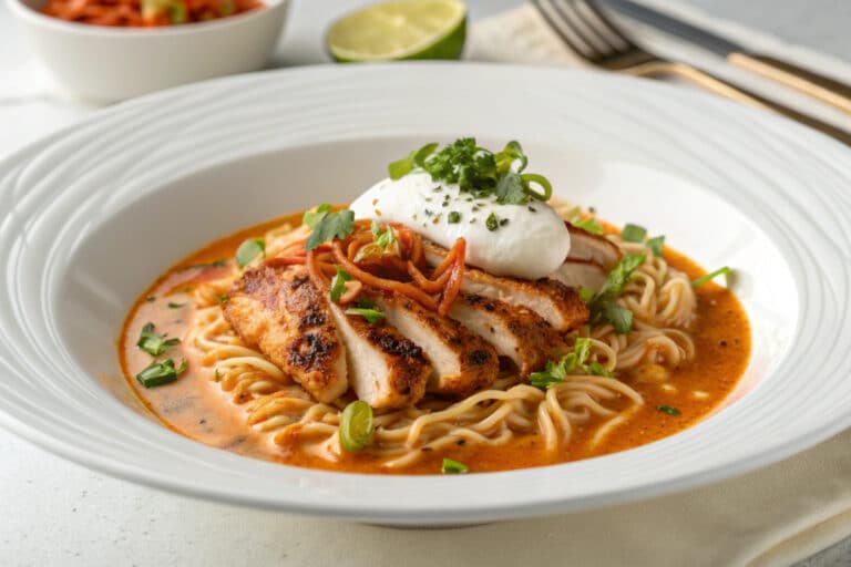 spicy chicken ramen bowl with cream sauce featured dish plated