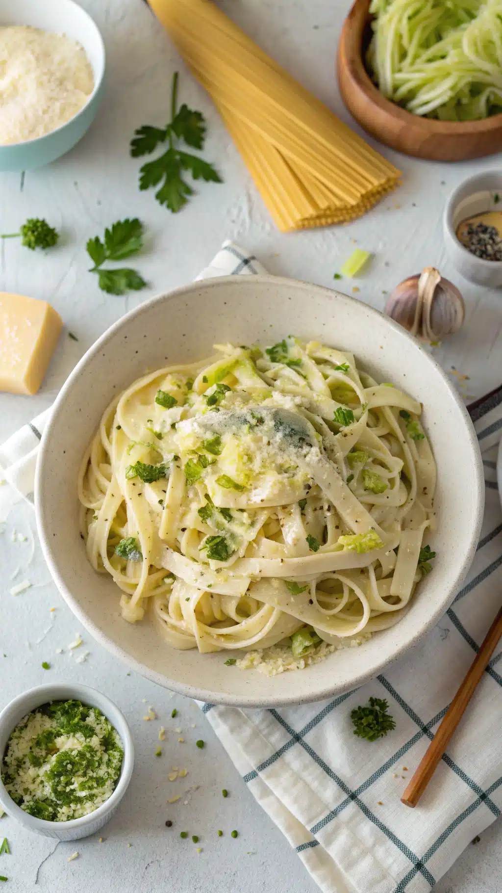 creamy garlic alfredo with tender cabbage cooking process step