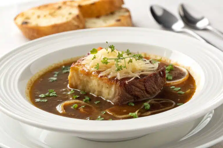 French Onion Short Rib Soup featured dish plated