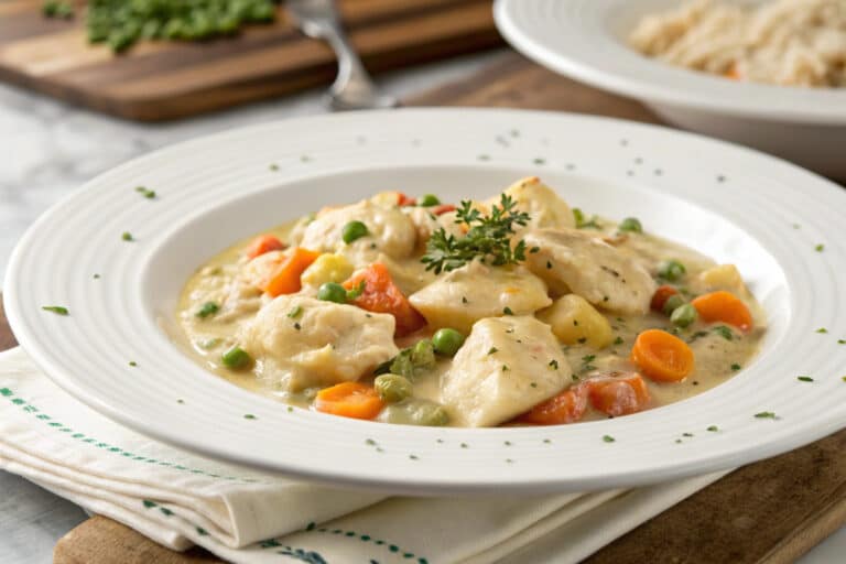 cracker barrel style chicken and dumplings featured dish plated