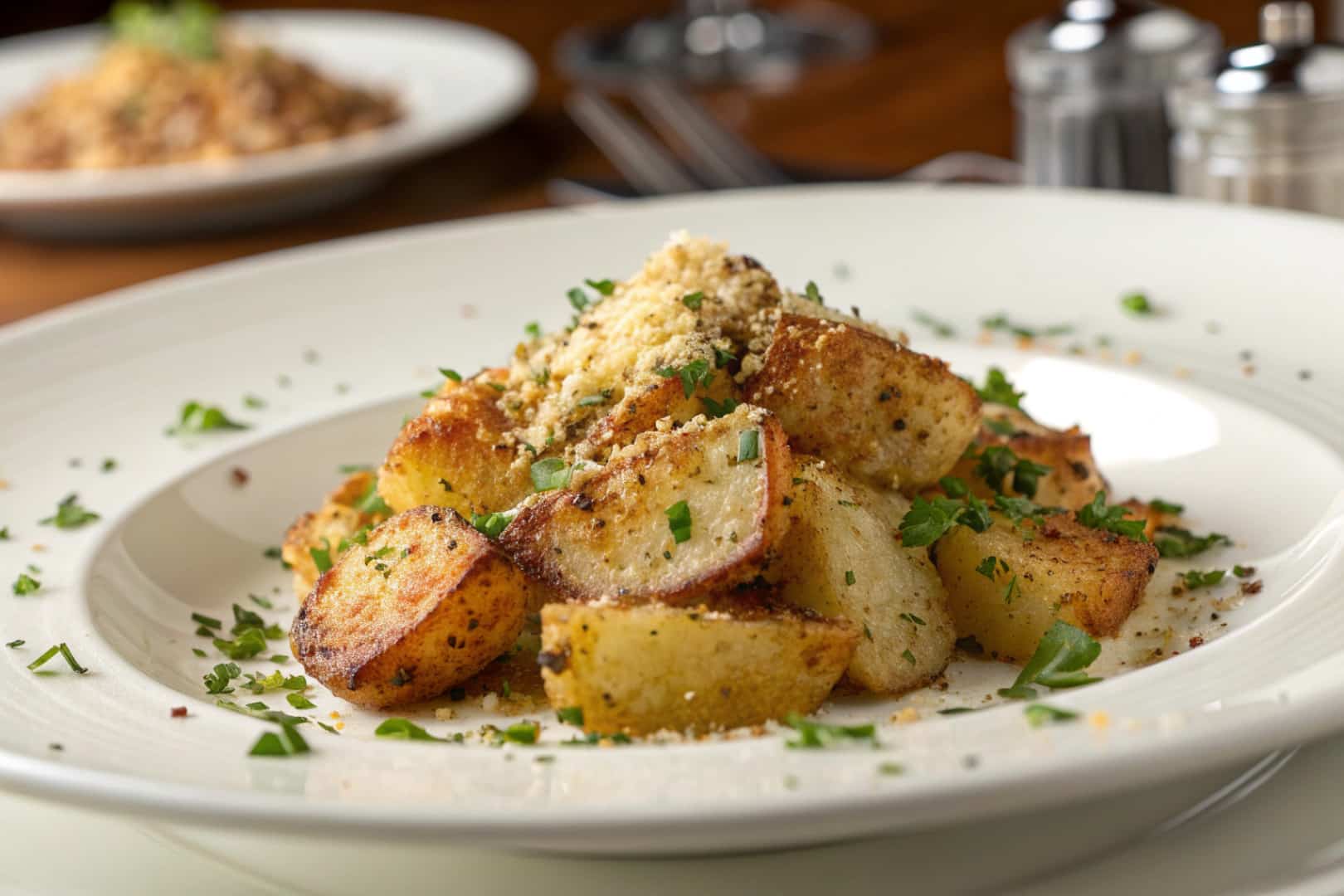 crispy garlic parmesan crusted potatoes featured dish plated