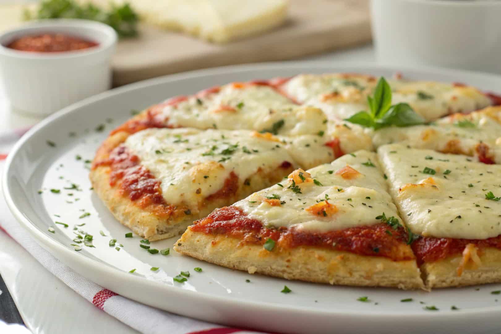 High protein cheesy garlic pizza featured dish plated