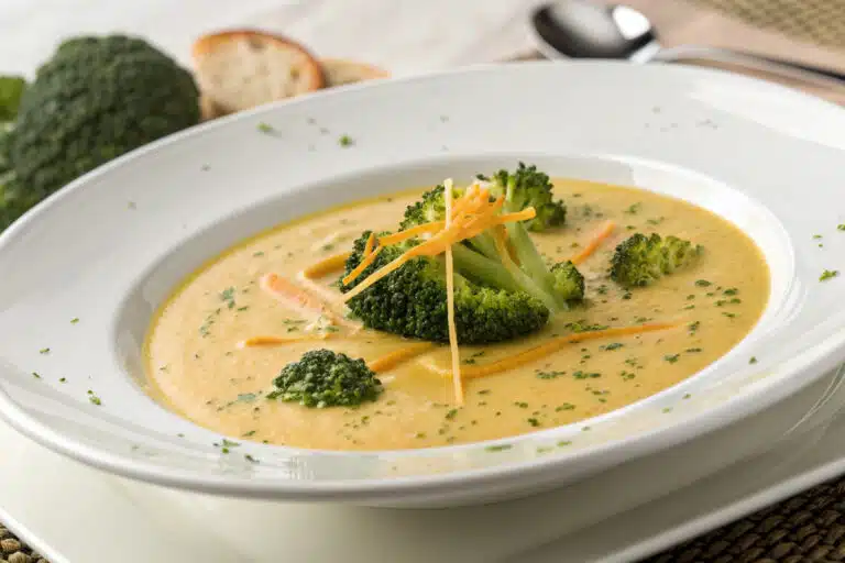 Broccoli Cheddar Soup featured dish plated