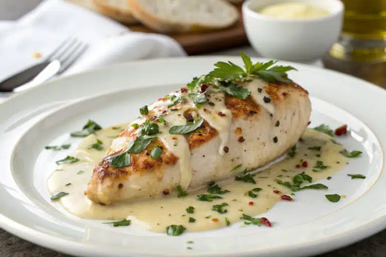 creamy garlic parmesan chicken breast featured dish plated