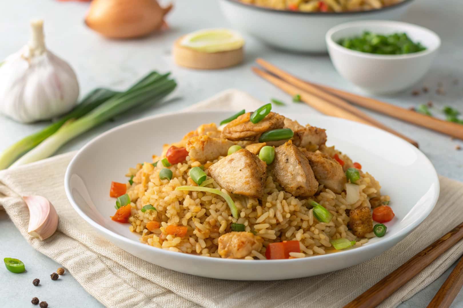 high protein crispy garlic chicken fried rice featured dish plated