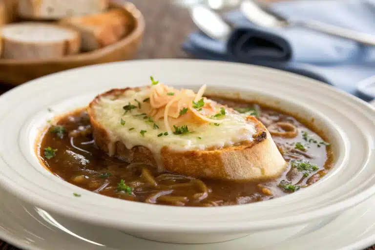 Easy French Onion Soup (No Wine) featured dish plated