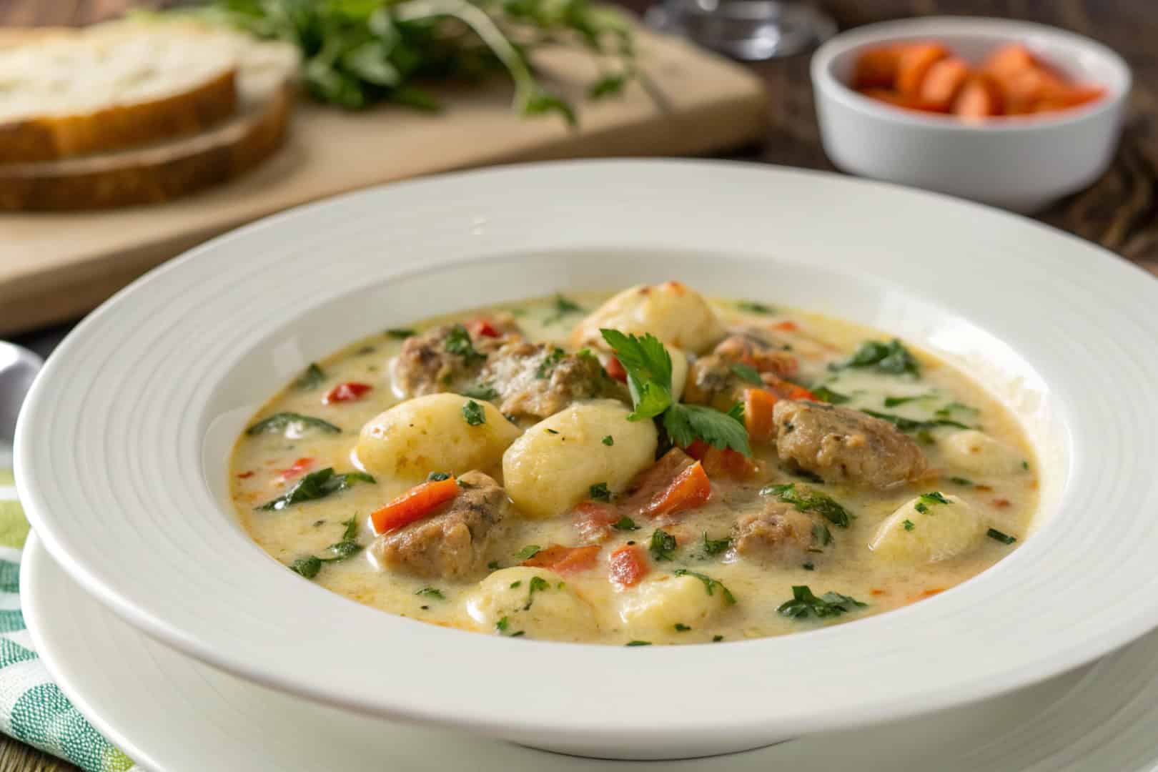 Creamy Italian Turkey Sausage Gnocchi Soup featured dish plated
