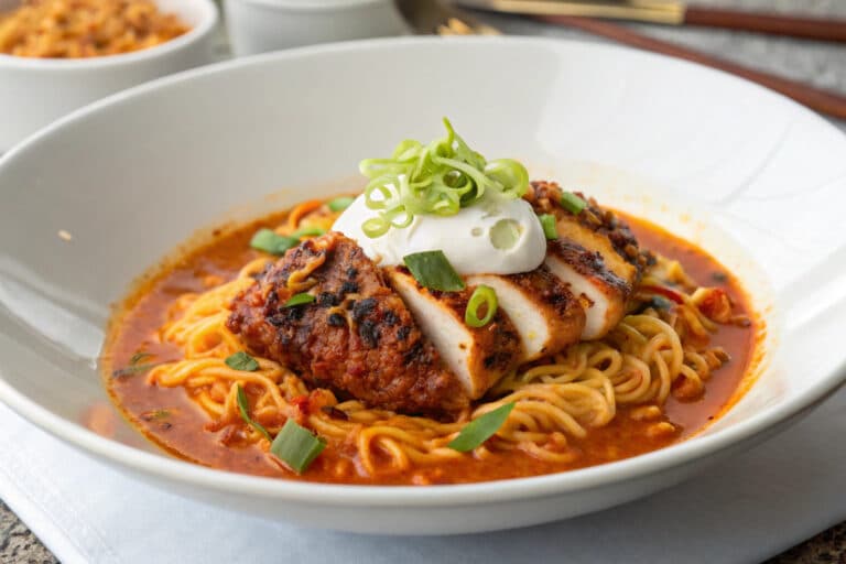 spicy fiery chicken ramen with creamy garlic sauce featured dish plated