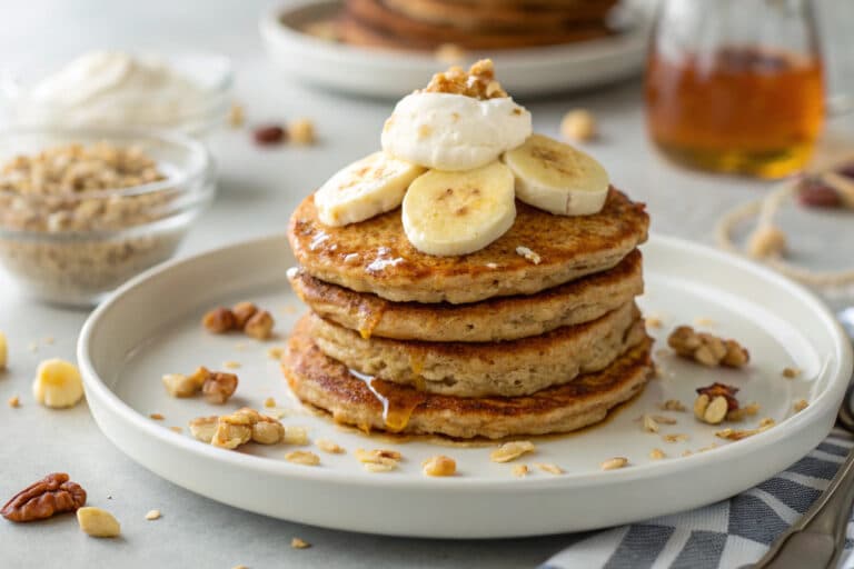 Banana oatmeal pancakes featured dish plated