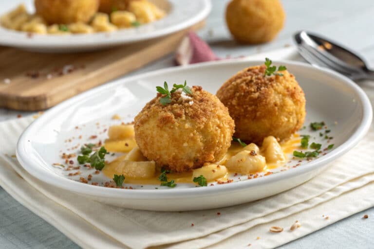 cheesecake factory air fryer fried macaroni and cheese balls featured dish plated