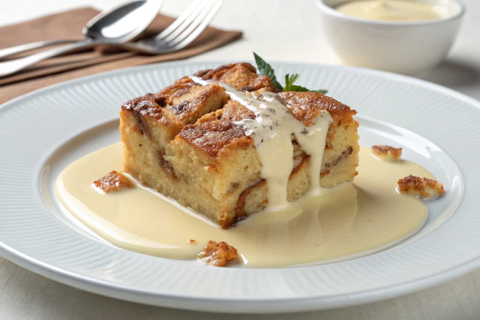 Bread pudding with vanilla sauce featured dish plated