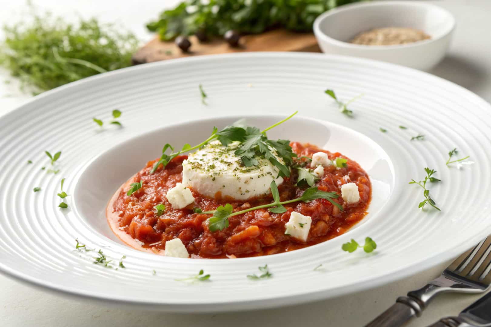 Shakshuka with feta featured dish plated