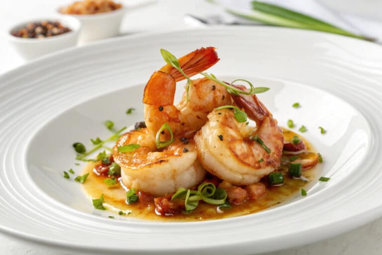 high protein honey garlic shrimp featured dish plated