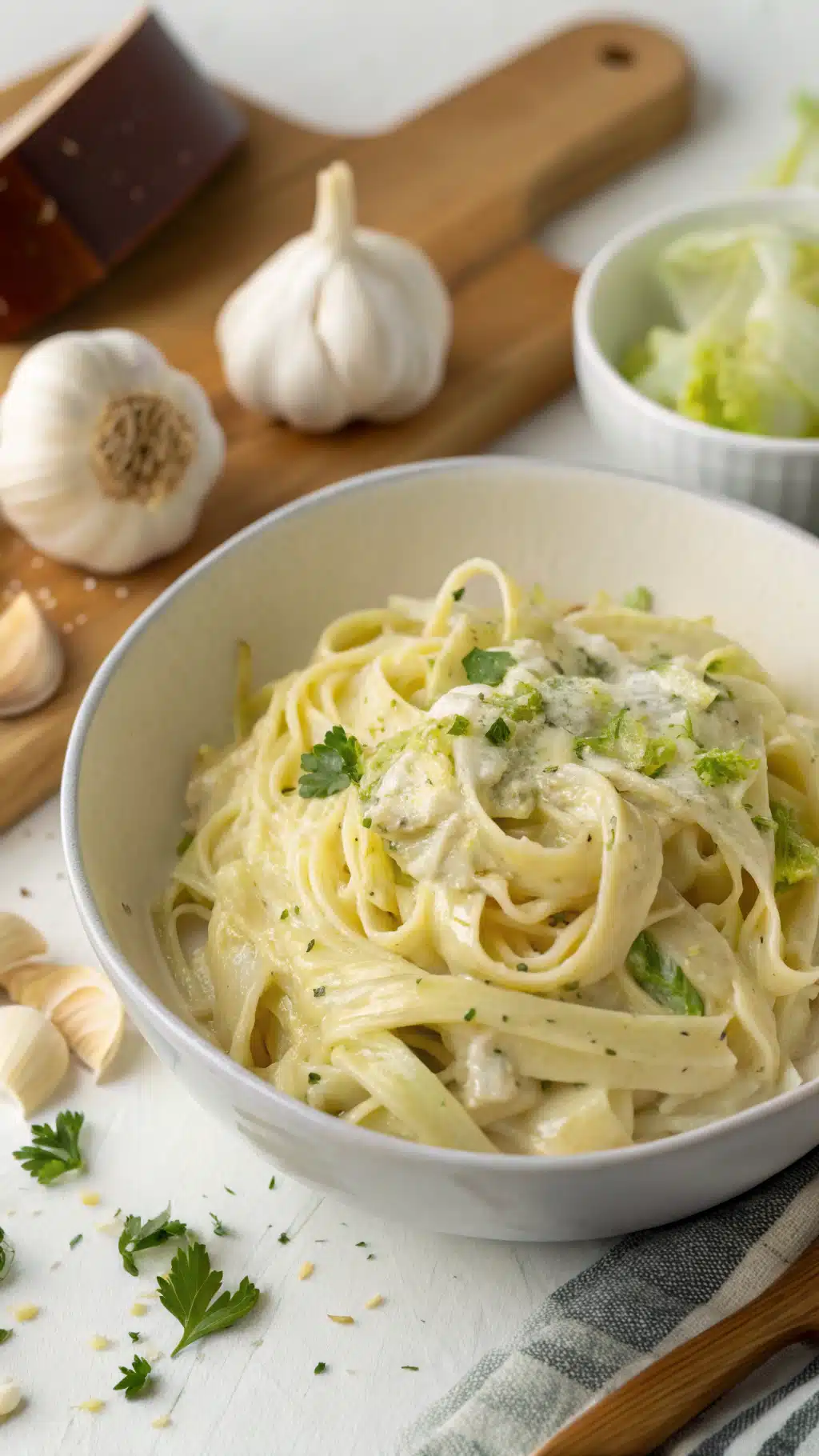 creamy garlic alfredo with tender cabbage ingredients preparation