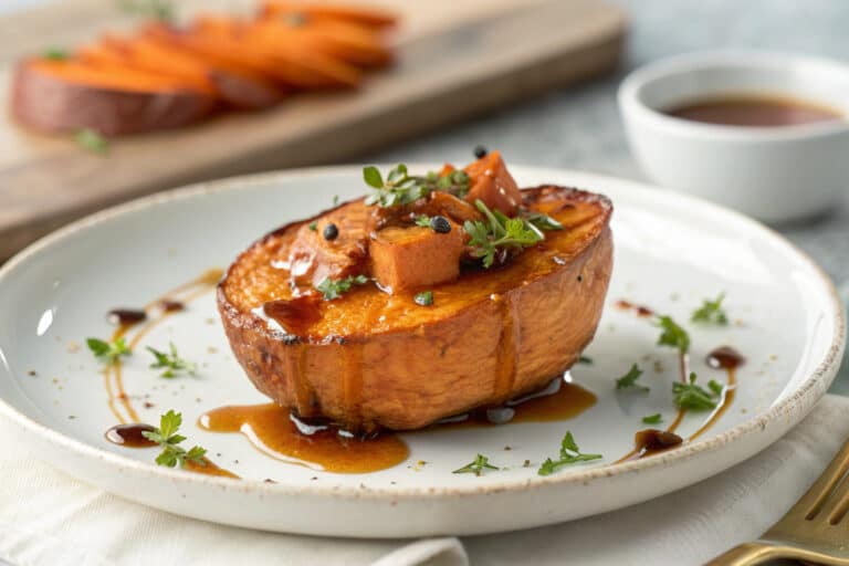 roasted sweet potato with maple glaze featured dish plated