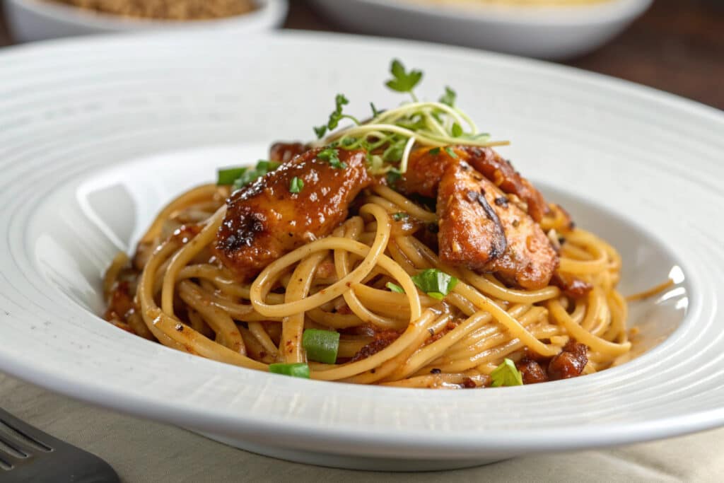 sticky garlic chicken noodles featured dish plated