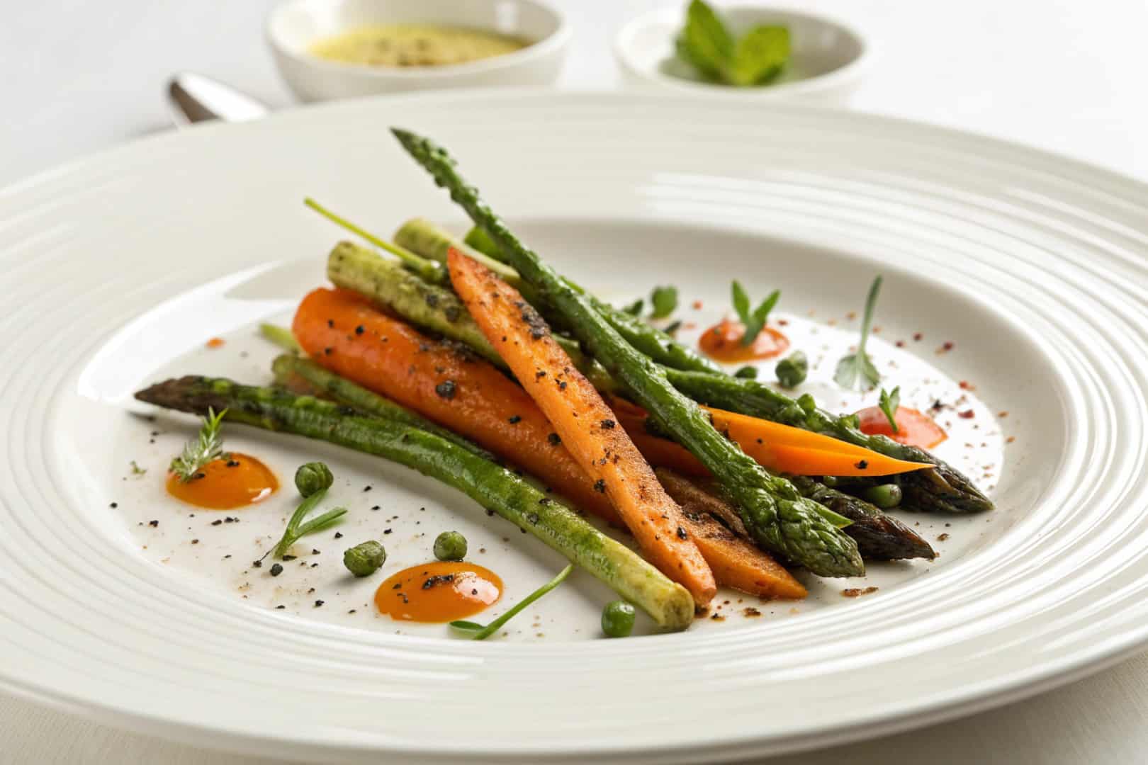 roasted asparagus and carrots featured dish plated