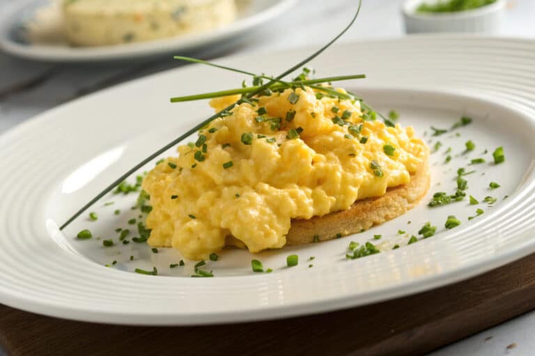 Fluffy scrambled eggs featured dish plated