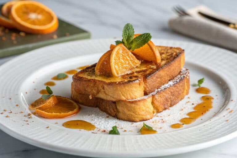 Orange French toast featured dish plated