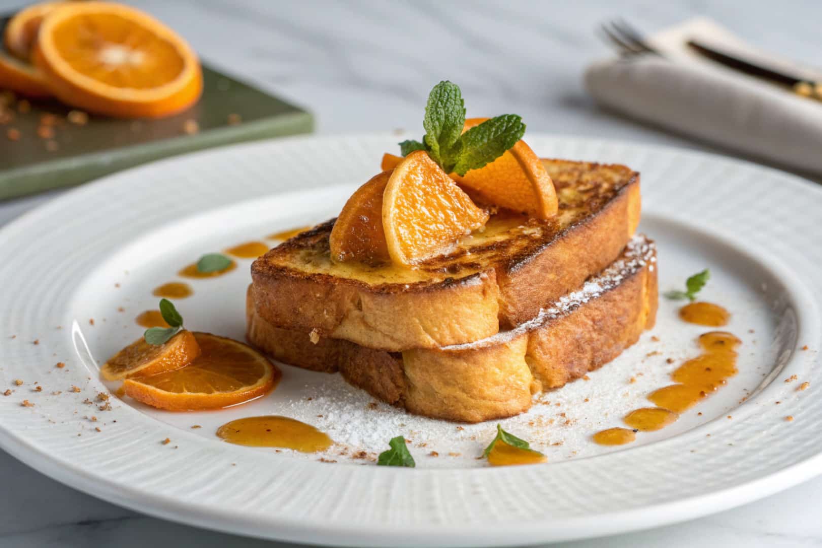 Orange French toast featured dish plated